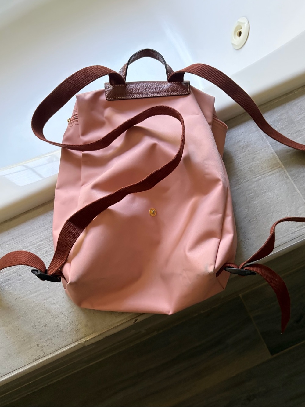 Longchamp Pink Backpack with Brown Leather Flap - Picture 3 of 3